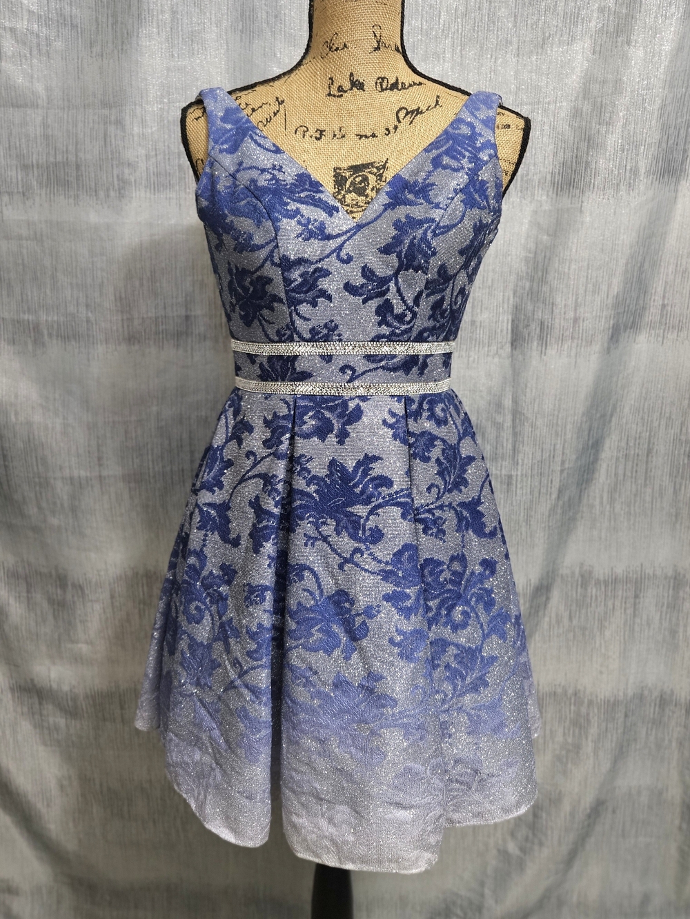 Camille La Vie Silver and Blue Floral V-Neck Party Dress